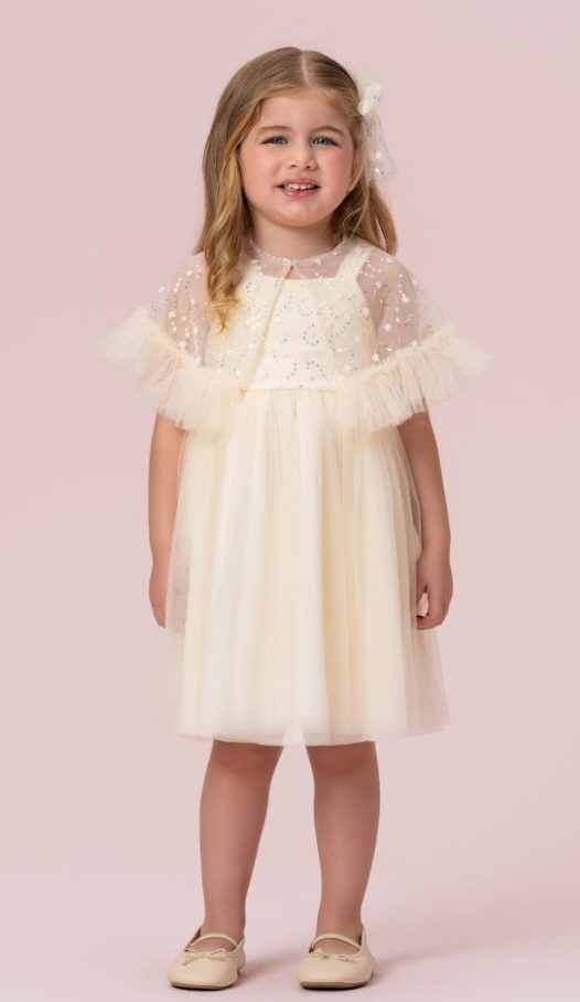 Vestido Infantil Festa com Capa Tule Bordado Creme - Petit Cherie