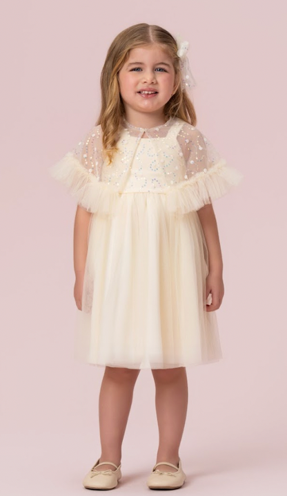 Vestido Infantil Festa com Capa Tule Bordado Creme - Petit Cherie