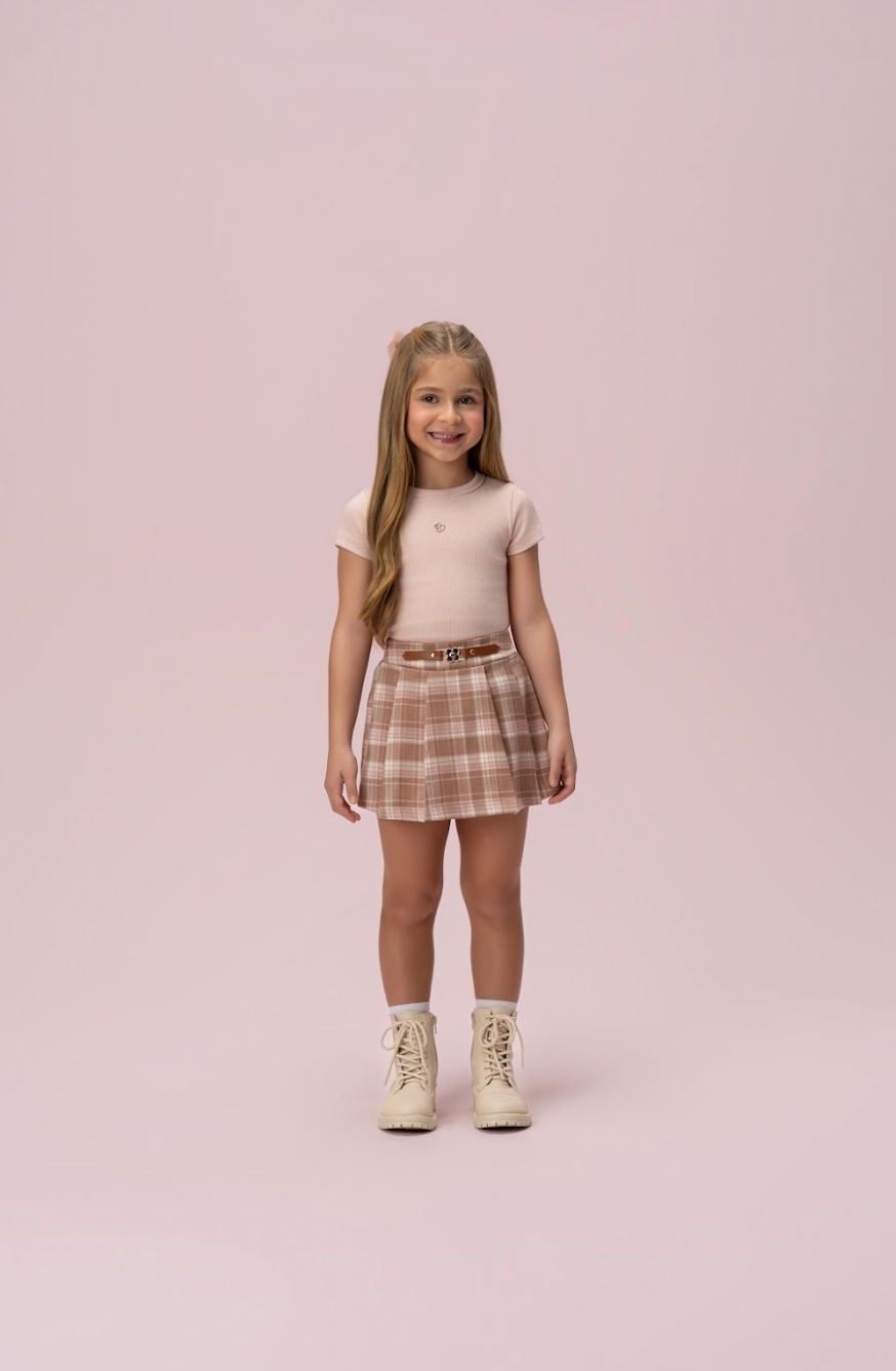 Conjunto Infantil Alfaiataria Blusa Algodão Rosa e Saia Xadrez - Petit Cherie