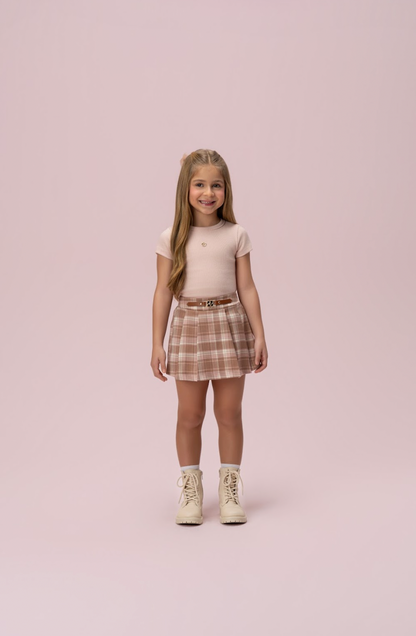 Conjunto Infantil Alfaiataria Blusa Algodão Rosa e Saia Xadrez - Petit Cherie