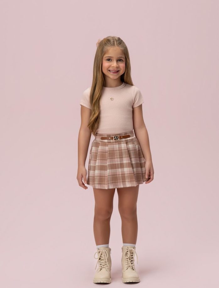Conjunto Infantil Alfaiataria Blusa Algodão Rosa e Saia Xadrez - Petit Cherie