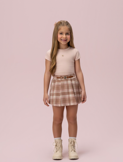 Conjunto Infantil Alfaiataria Blusa Algodão Rosa e Saia Xadrez - Petit Cherie