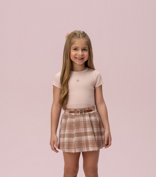 Conjunto Infantil Alfaiataria Blusa Algodão Rosa e Saia Xadrez - Petit Cherie