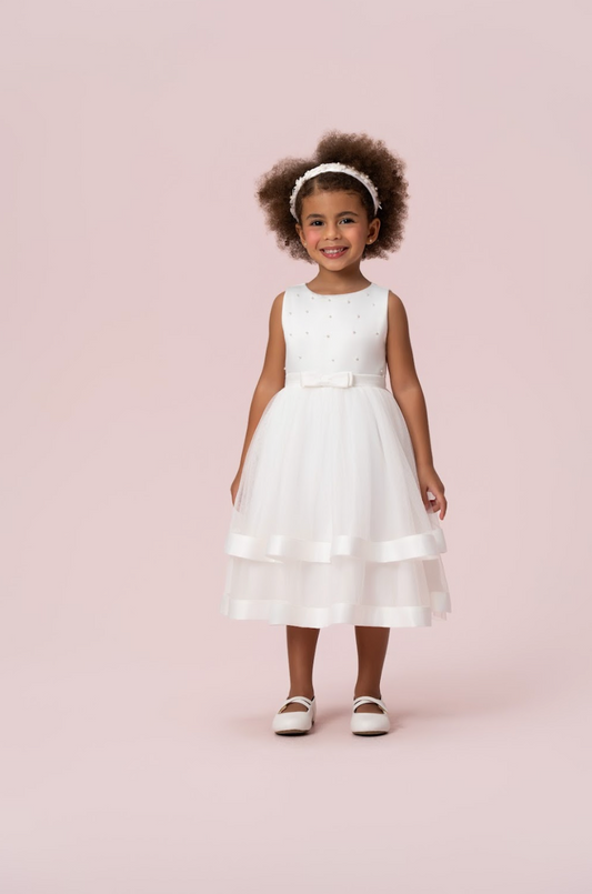 Vestido Infantil Festa Dama Midi Tule Pérolas Off - Petit Cherie