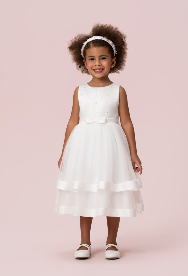 Vestido Infantil Festa Dama Midi Tule Pérolas Off - Petit Cherie