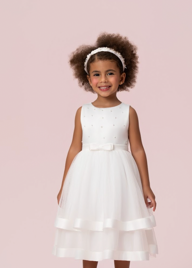 Vestido Infantil Festa Dama Midi Tule Pérolas Off - Petit Cherie