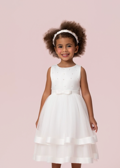Vestido Infantil Festa Dama Midi Tule Pérolas Off - Petit Cherie