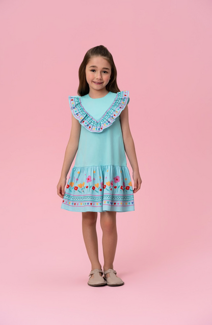 Vestido Infantil Tricoline Barrado Flores e Corações - Mon Sucre