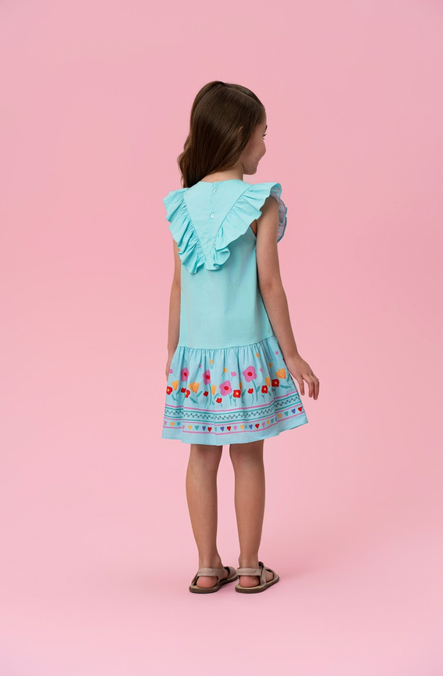 Vestido Infantil Tricoline Barrado Flores e Corações - Mon Sucre