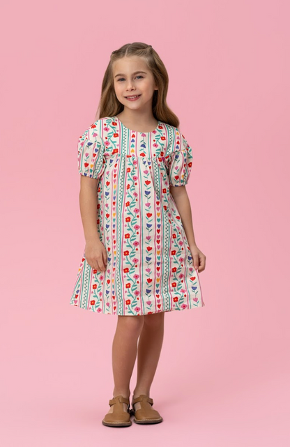 Vestido Infantil Trapézio Tricoline Flores e Corações - Mon Sucre