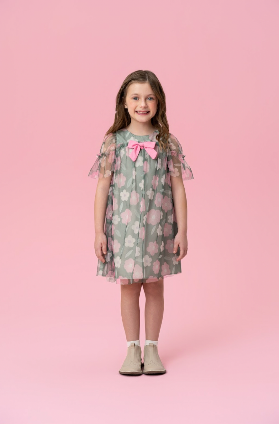Vestido Infantil Trapézio Tule Estampado Flores - Mon Sucre
