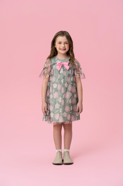 Vestido Infantil Trapézio Tule Estampado Flores - Mon Sucre