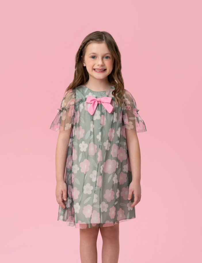 Vestido Infantil Trapézio Tule Estampado Flores - Mon Sucre