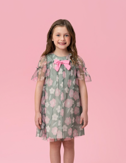 Vestido Infantil Trapézio Tule Estampado Flores - Mon Sucre
