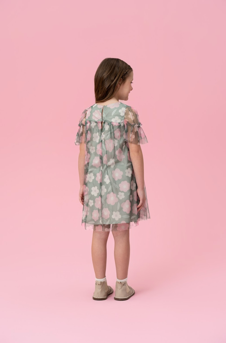 Vestido Infantil Trapézio Tule Estampado Flores - Mon Sucre