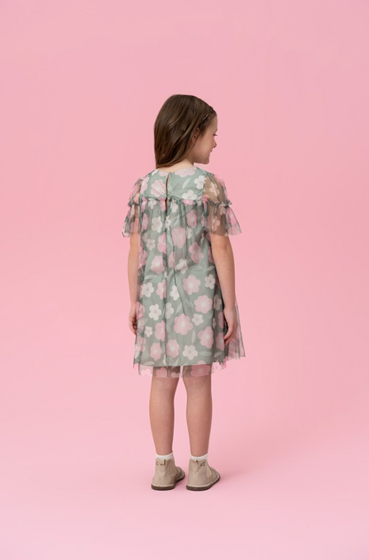 Vestido Infantil Trapézio Tule Estampado Flores - Mon Sucre