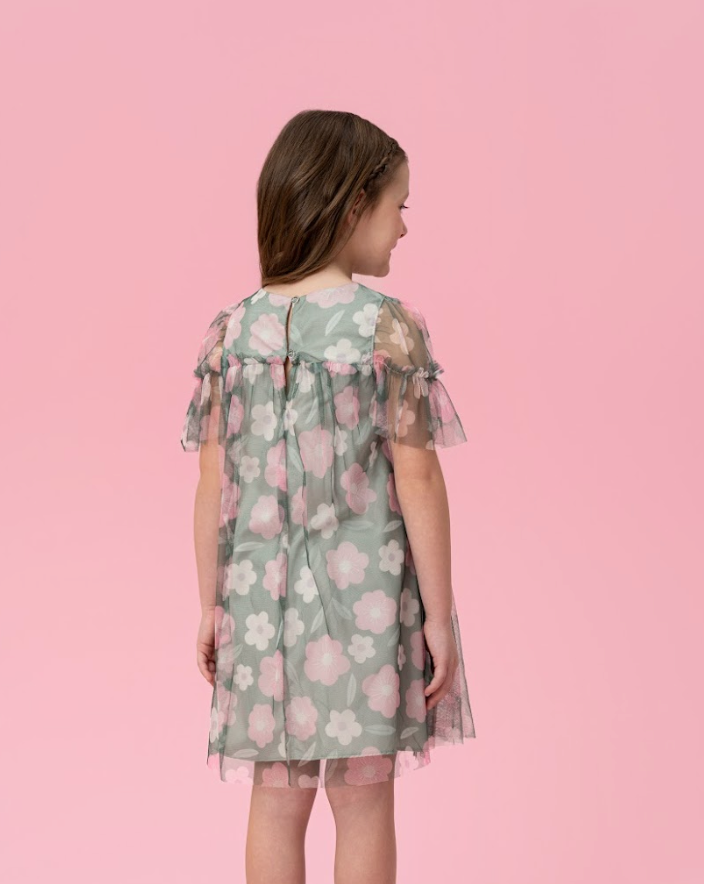 Vestido Infantil Trapézio Tule Estampado Flores - Mon Sucre