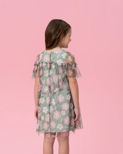 Vestido Infantil Trapézio Tule Estampado Flores - Mon Sucre