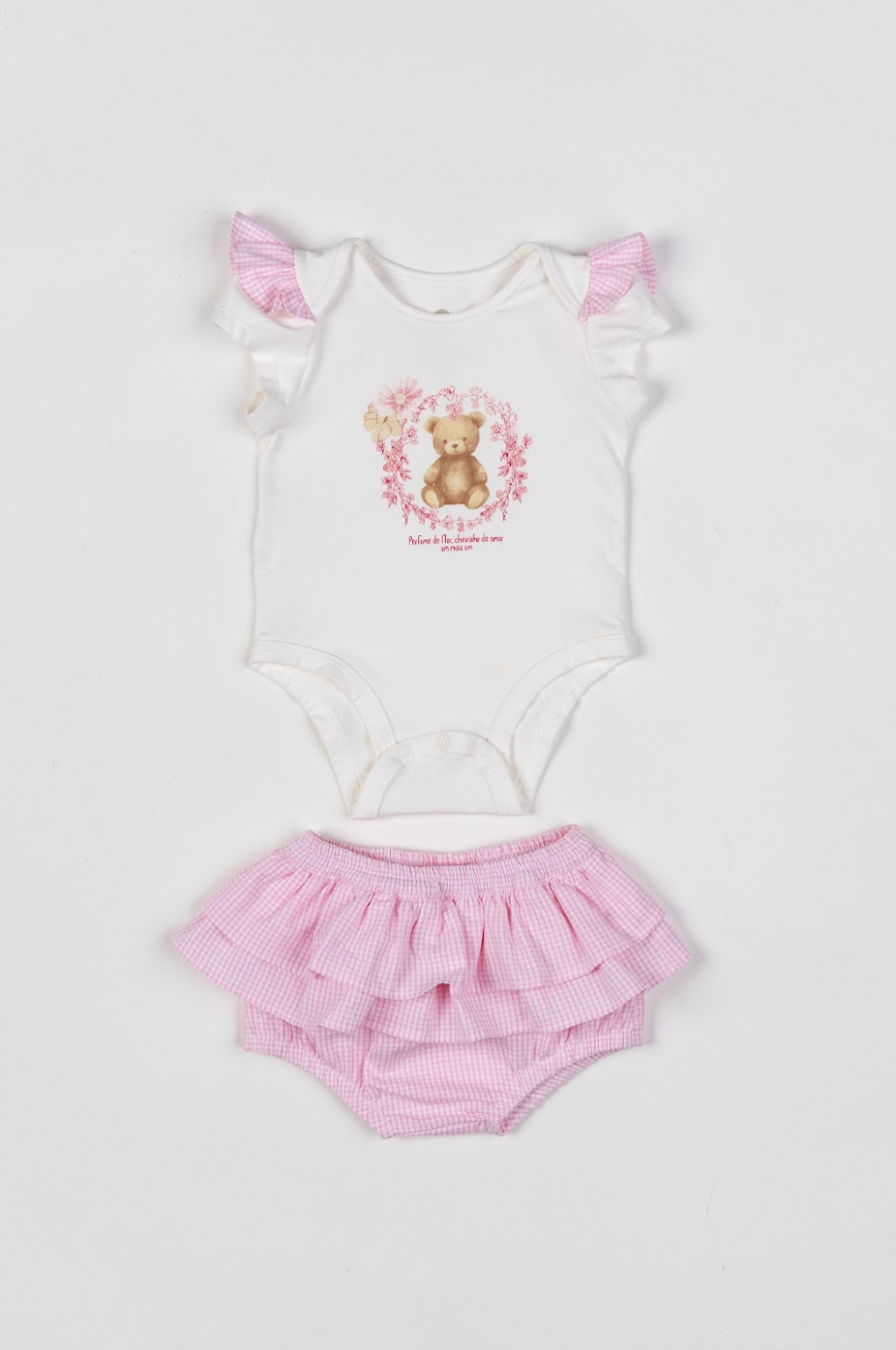 Conjunto Bebê Body Com Estampa Ursinho E Calcinha Fofa Tricoline Rosa - Um Mais Um