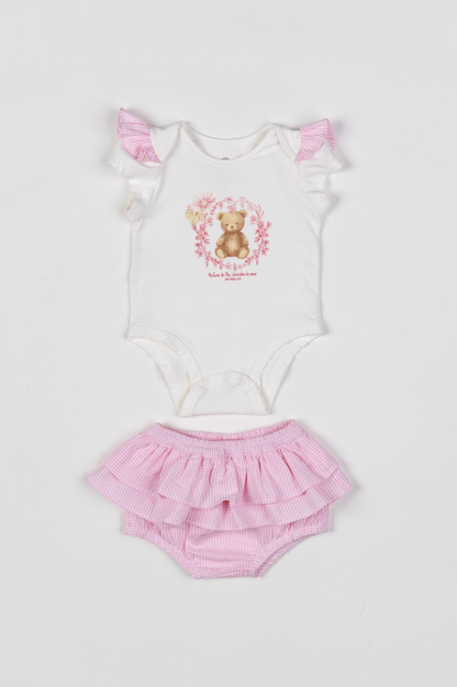 Conjunto Bebê Body Com Estampa Ursinho E Calcinha Fofa Tricoline Rosa - Um Mais Um