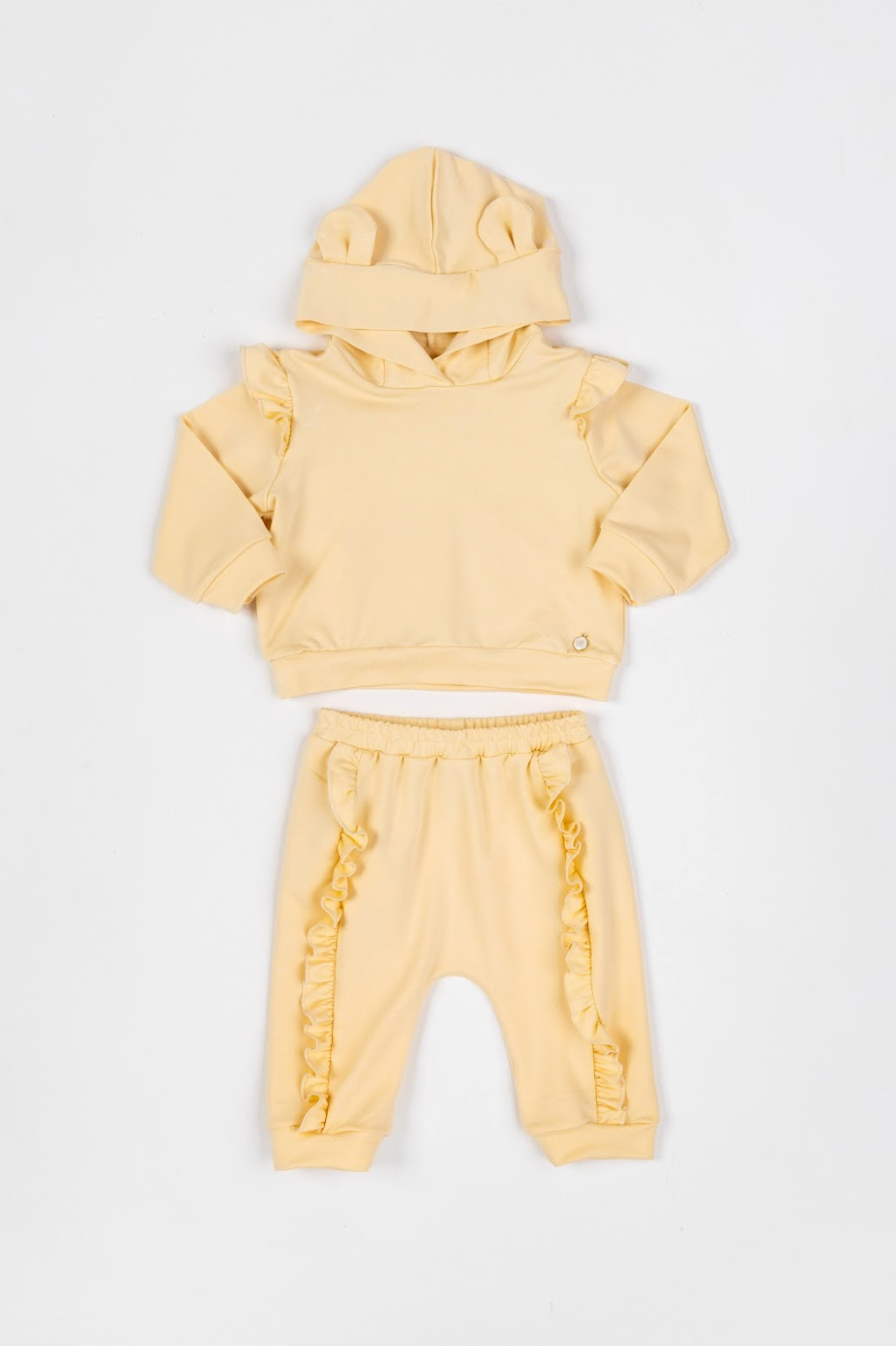 Conjunto Bebê Abrigo  Com Capuz E Calça  Com Babadinhos Amarelo - Um Mais Um PRÉ-VENDA