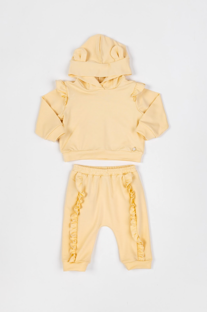 Conjunto Bebê Abrigo  Com Capuz E Calça  Com Babadinhos Amarelo - Um Mais Um PRÉ-VENDA