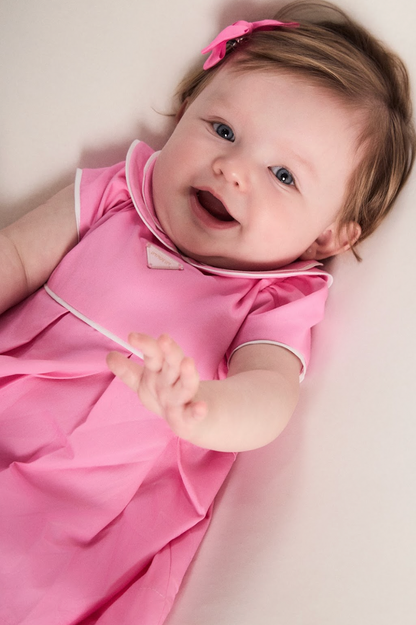 Vestido Bebê Algodão Com Calcinha E Gola Pregas Tricoline Pink - Um Mais Um
