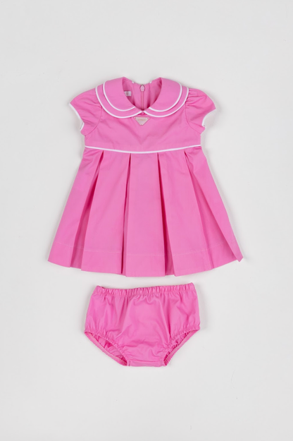 Vestido Bebê Algodão Com Calcinha E Gola Pregas Tricoline Pink - Um Mais Um