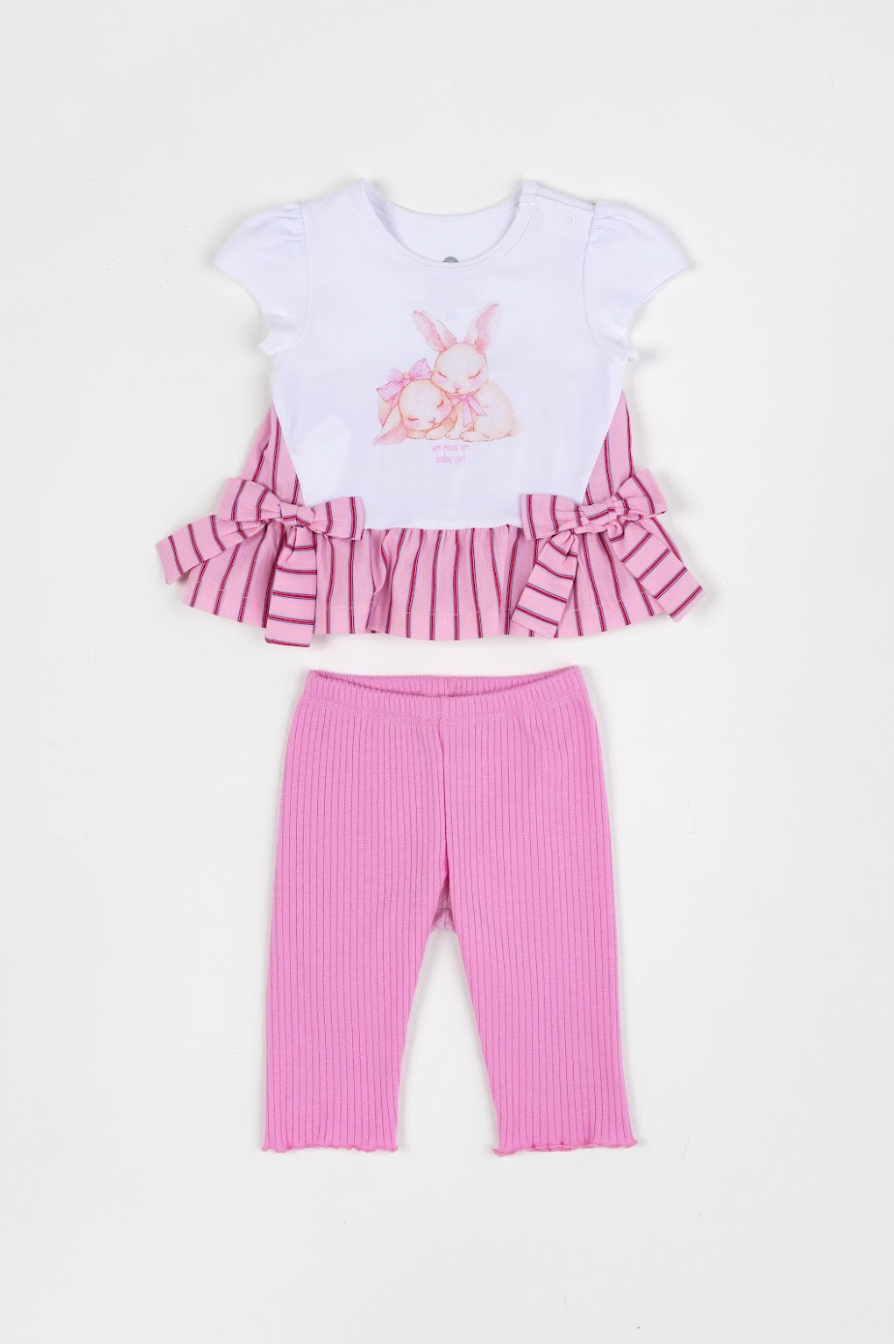 Conjunto Bebê Bata De Cotton Detalhe Tricoline E Calça Legging Rosa - Um Mais Um