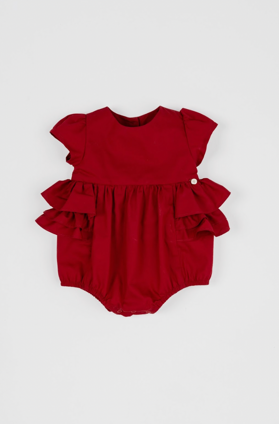 Romper Bebê Fofinho Tricoline Babados Vermelha - Um Mais Um PRÉ-VENDA