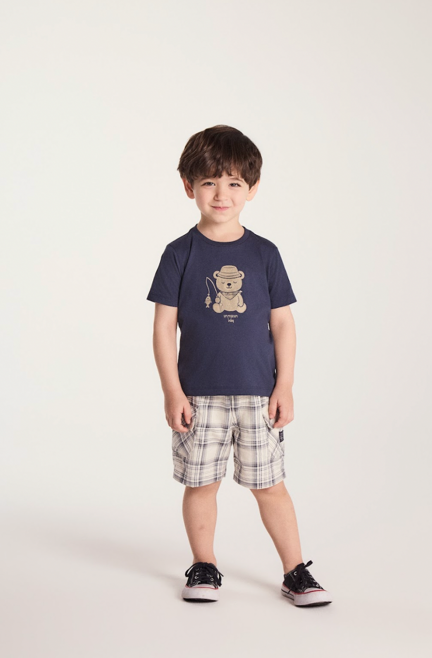 Conjunto Bebê Camiseta Com Estampa  E Bermuda Xadrez Bege - Um Mais Um PRÉ-VENDA