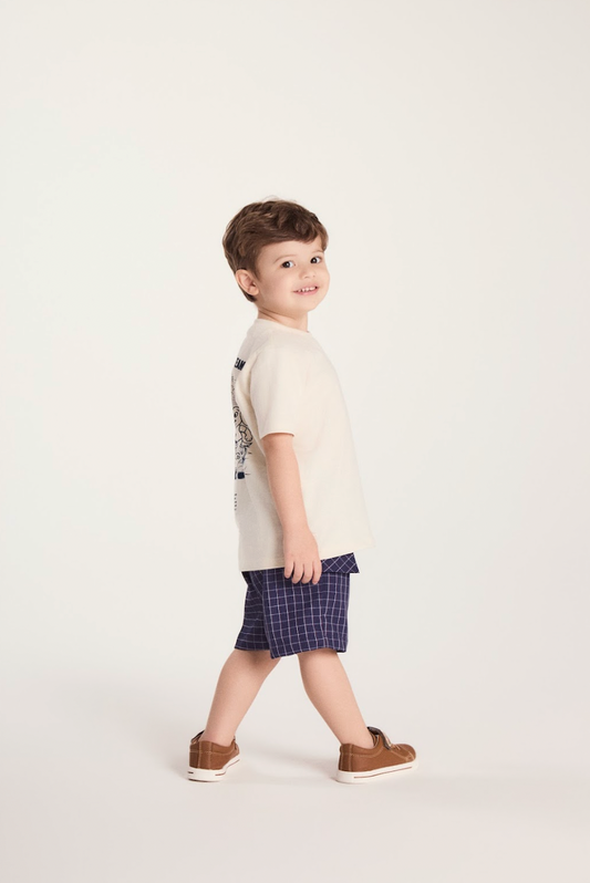 Conjunto Bebê Camiseta Com Estampa E Bermuda Sarja Listrada Marinho - Um Mais Um PRÉ-VENDA