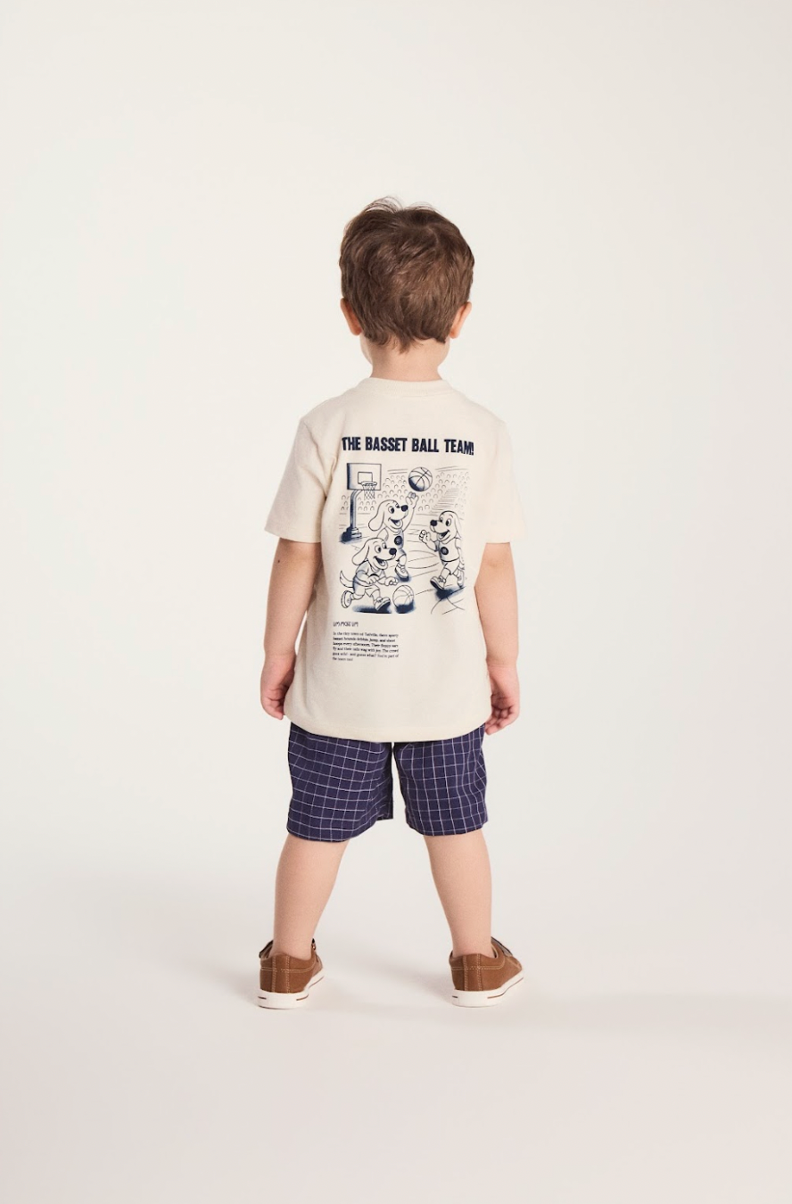 Conjunto Bebê Camiseta Com Estampa E Bermuda Sarja Listrada Marinho - Um Mais Um PRÉ-VENDA