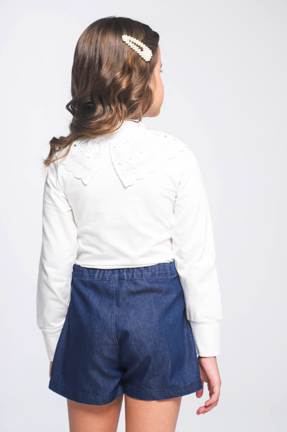 Conjunto Infantil Trio Blusa Gola Laise Removível, Camisa Jeans Leve ML Gola Bordada e Shorts-Saia Jeans Bordada Flores - Luluzinha