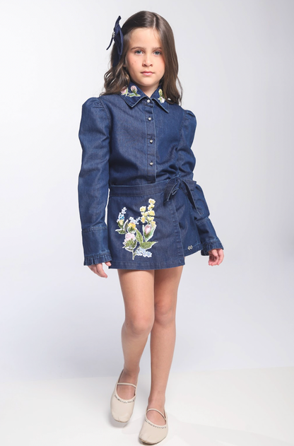 Conjunto Infantil Trio Blusa Gola Laise Removível, Camisa Jeans Leve ML Gola Bordada e Shorts-Saia Jeans Bordada Flores - Luluzinha