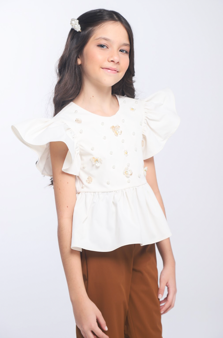 Conjunto Infantil Bata Bordada À Mão e Calça Alfaiataria Terracota - Luluzinha