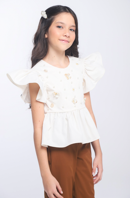 Conjunto Infantil Bata Bordada À Mão e Calça Alfaiataria Terracota - Luluzinha