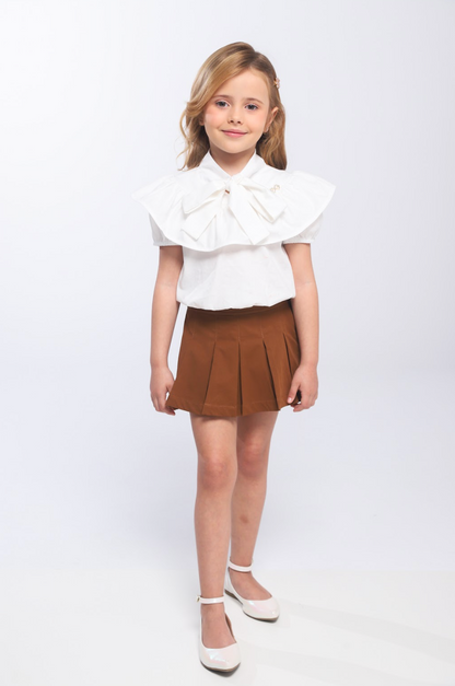 Conjunto Infantil Blusa Gola Laço E Saia Pregas Sarja Terracota - Luluzinha