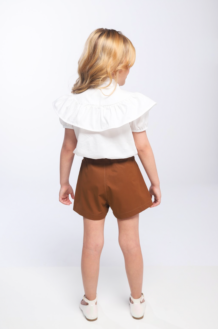 Conjunto Infantil Blusa Gola Laço E Saia Pregas Sarja Terracota - Luluzinha