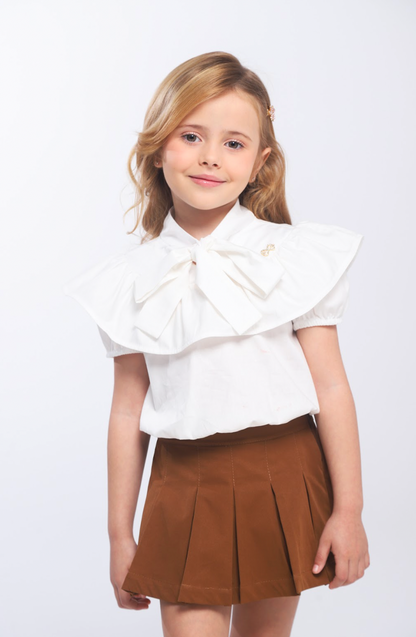 Conjunto Infantil Blusa Gola Laço E Saia Pregas Sarja Terracota - Luluzinha