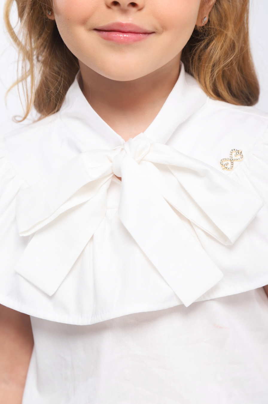 Conjunto Infantil Blusa Gola Laço E Saia Pregas Sarja Terracota - Luluzinha