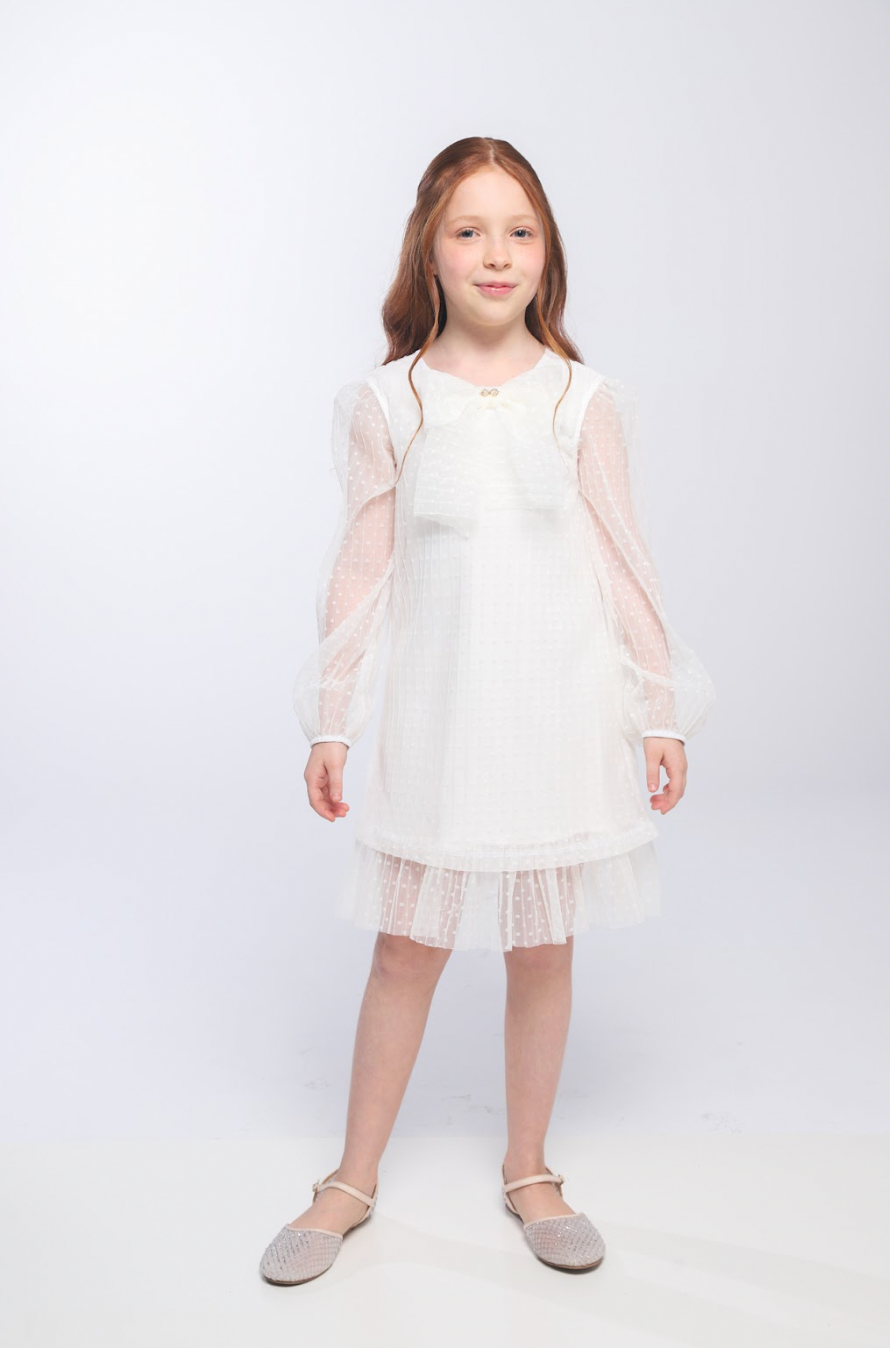 Vestido Infantil Trapézio Tule Plissado Aplicação Laço Off White - Luluzinha