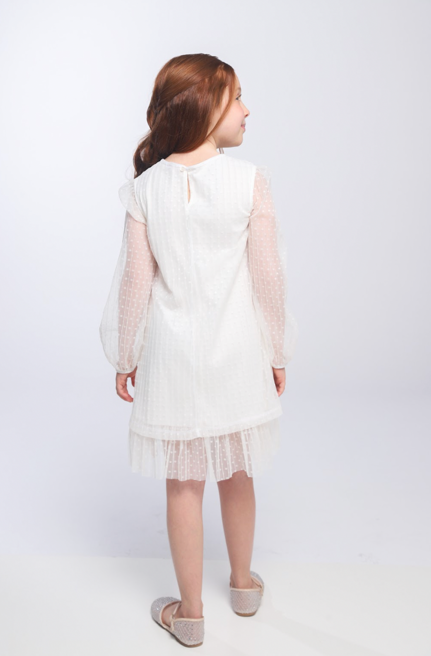 Vestido Infantil Trapézio Tule Plissado Aplicação Laço Off White - Luluzinha