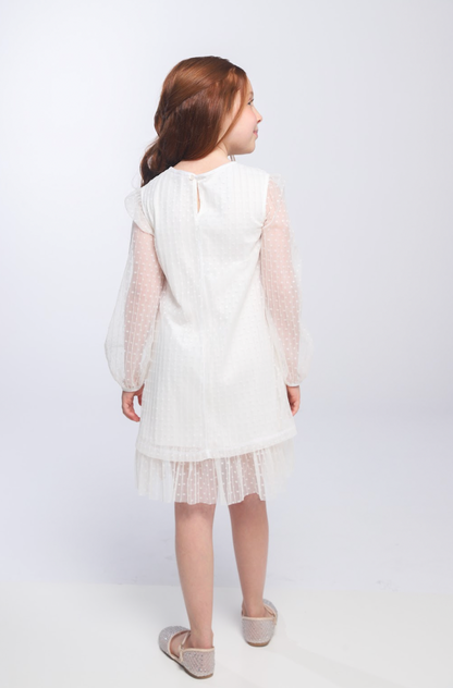 Vestido Infantil Trapézio Tule Plissado Aplicação Laço Off White - Luluzinha