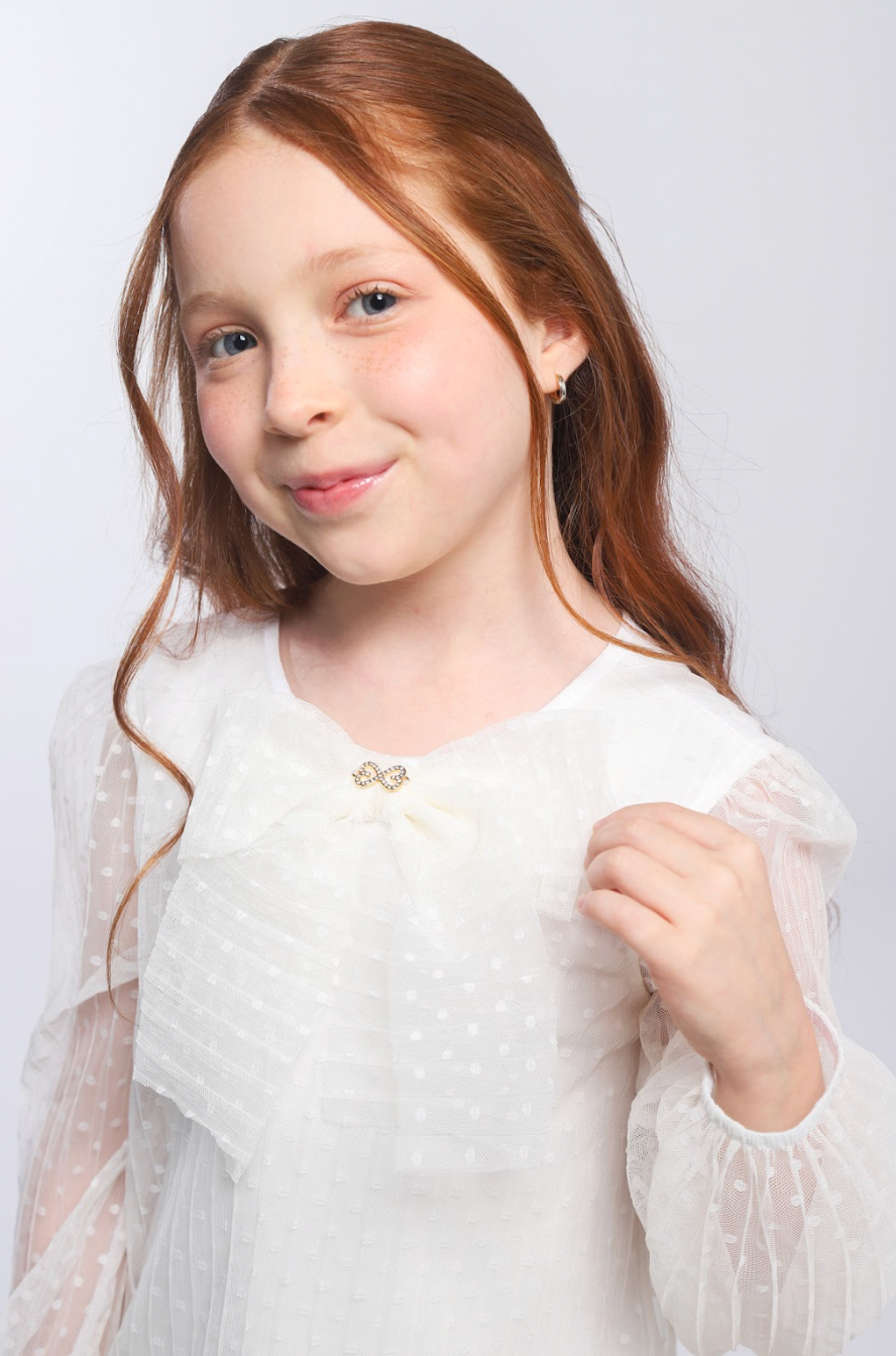 Vestido Infantil Trapézio Tule Plissado Aplicação Laço Off White - Luluzinha