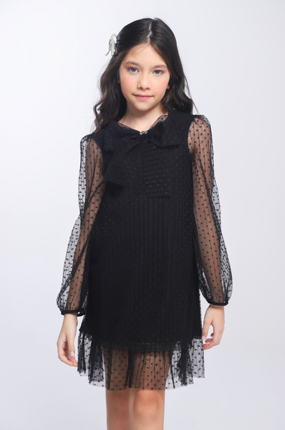 Vestido Infantil Trapézio Tule Plissado Aplicação Laço Preto - Luluzinha