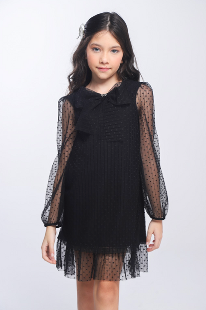 Vestido Infantil Trapézio Tule Plissado Aplicação Laço Preto - Luluzinha