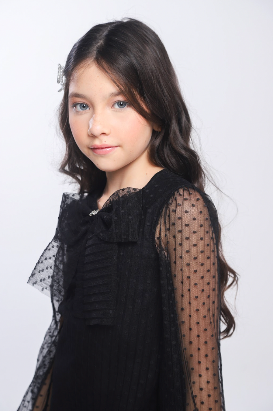 Vestido Infantil Trapézio Tule Plissado Aplicação Laço Preto - Luluzinha