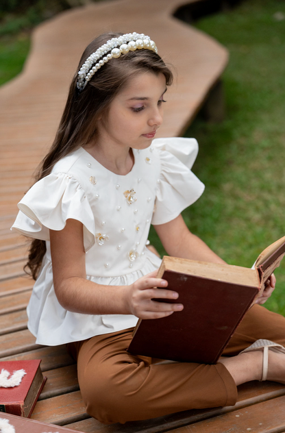 Conjunto Infantil Bata Bordada À Mão e Calça Alfaiataria Terracota - Luluzinha