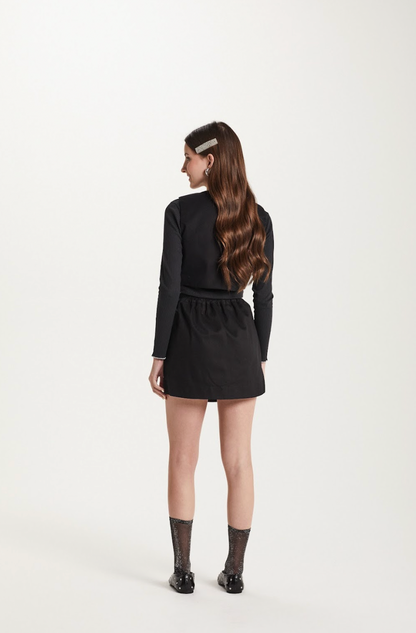 Conjunto Teen Blusa Canelada com Colete de Sarja Preto e Saia-Shorts Teen Sarja Strass Preto - Two In
